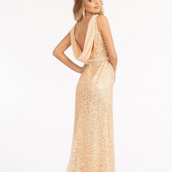CHAMPAGNE Embroidered Sequin Embellished Mermaid Dress Chiffon Drape Cap…